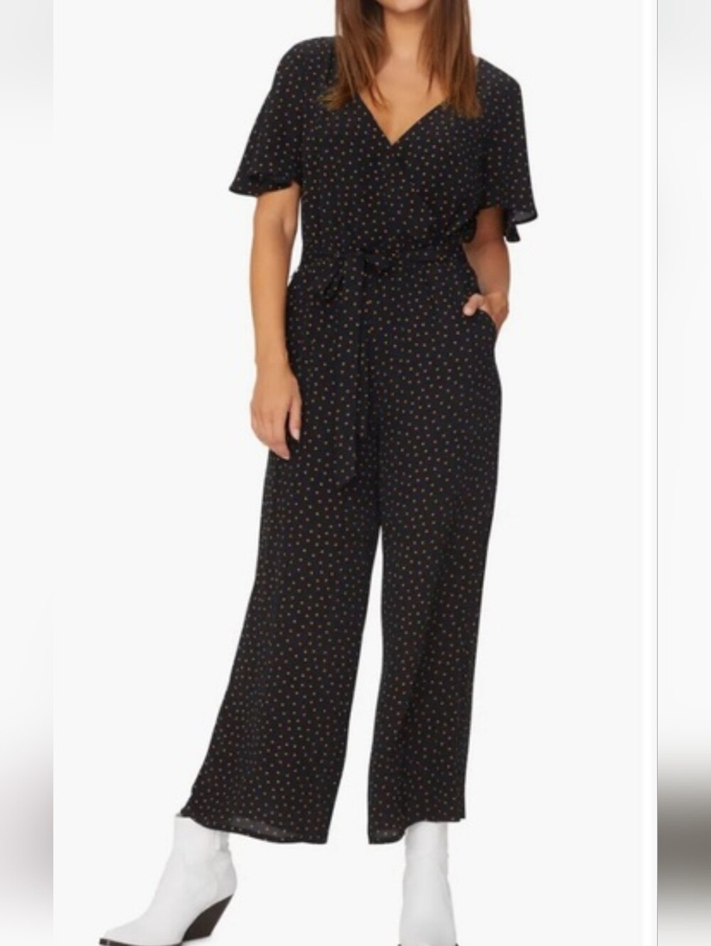 Sanctuary Chasing Winds Black & Brown Polka Dot Wide Leg Jumpsuit, Size M